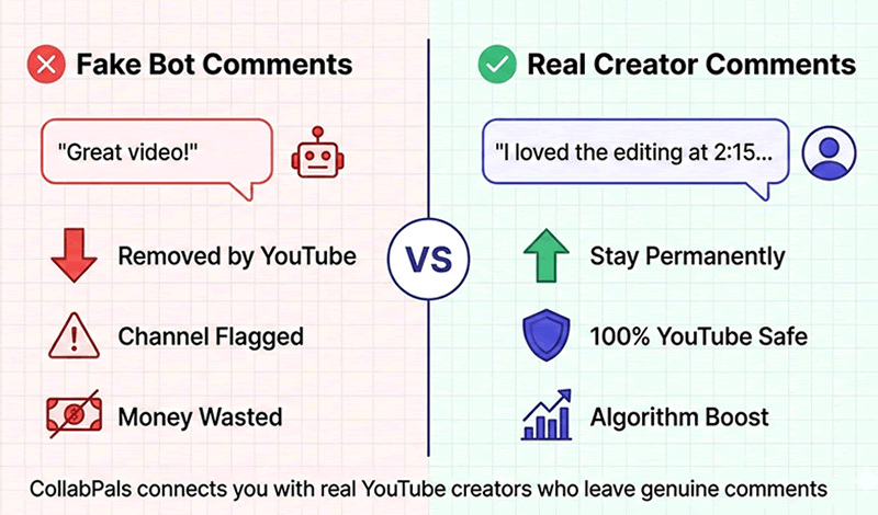 Infographic comparing fake YouTube bot comments that get removed versus real creator comments from CollabPals that stay permanently and boost engagement