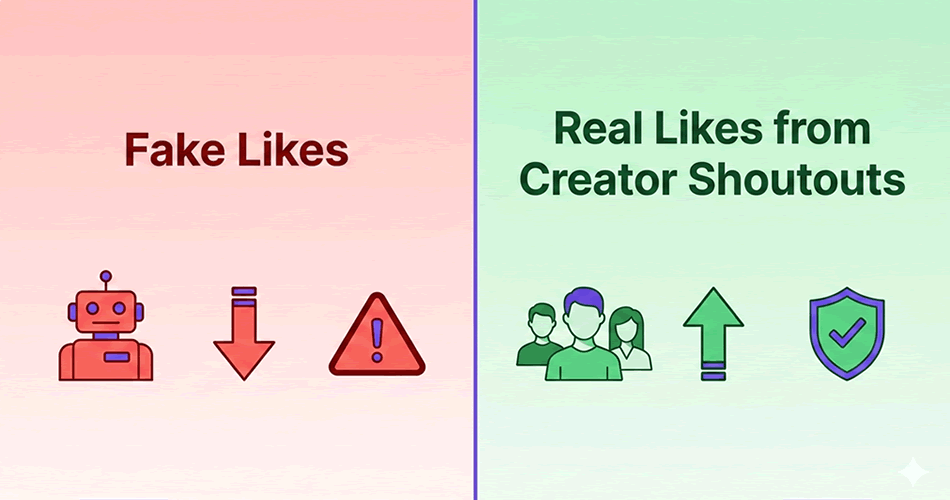 Comparison: fake bot likes versus real likes from creator shoutouts on CollabPals