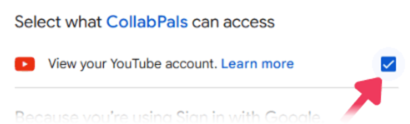 Google permission screen showing the YouTube checkbox that must be selected